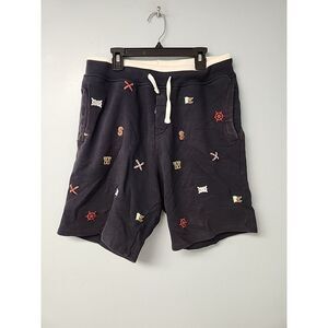 Unique Zara Men M Navy Blue All Over Embroidered Nautical‎ Fleece Shorts